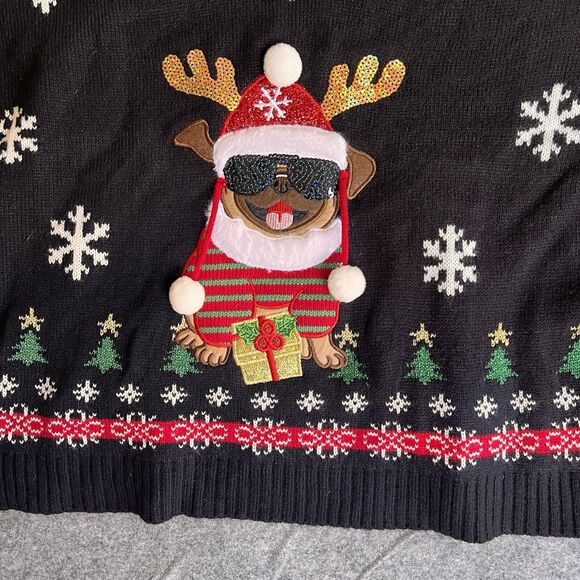 Blizzard Bay Ugly Christmas Sweater Women’s Large Black Red Dog Pug Boat Neck - Picture 3 of 6